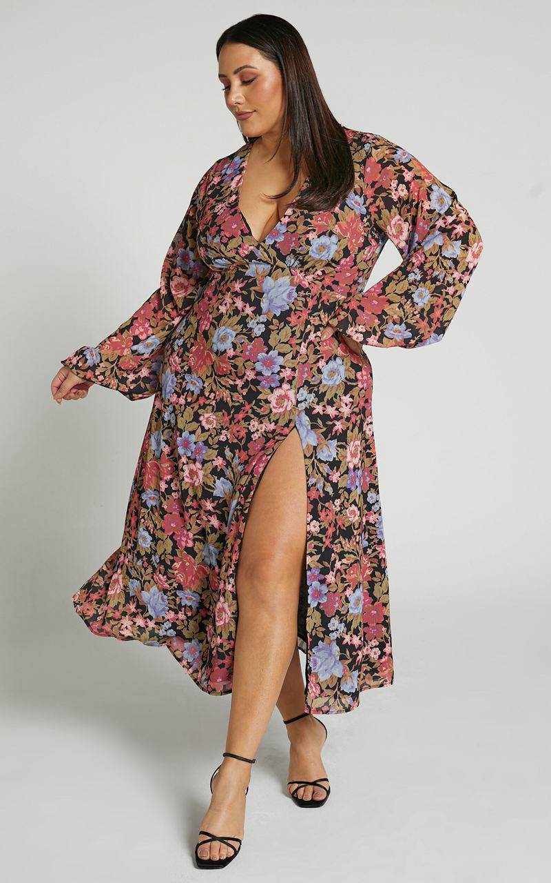 Showpo Henny Midi Dress - Long Sleeve Split Dress Dusk Floral | LYCUFB968