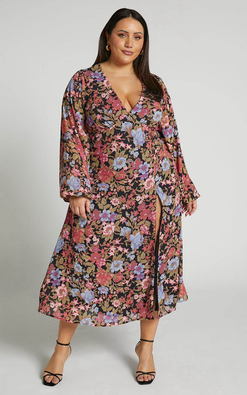 Showpo Henny Midi Dress - Long Sleeve Split Dress Dusk Floral | LYCUFB968