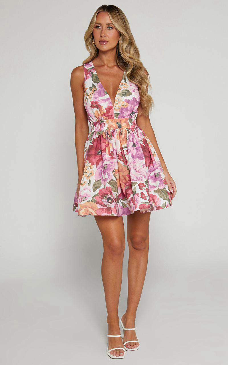 Showpo Hepburn Mini Dress - V Neck Tie Back Dress Spring Floral | JPYCMV741