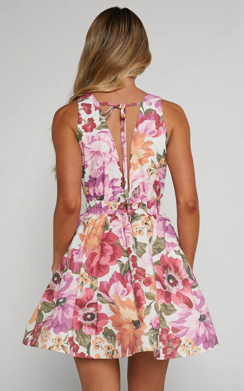 Showpo Hepburn Mini Dress - V Neck Tie Back Dress Spring Floral | JPYCMV741