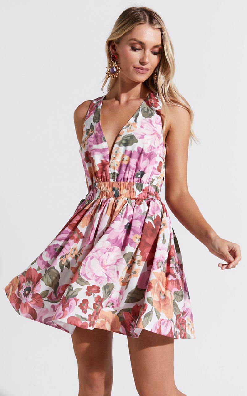 Showpo Hepburn Mini Dress - V Neck Tie Back Dress Spring Floral | JPYCMV741