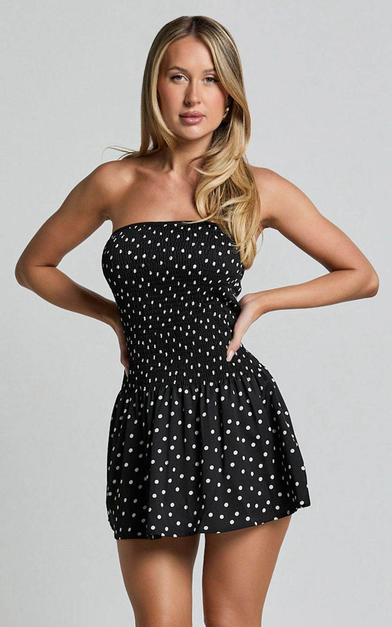 Showpo Hera Mini Dress - Drop Waist Ruched Fit And Flare Mini Dress Black Polka Dot | ABFDWT470