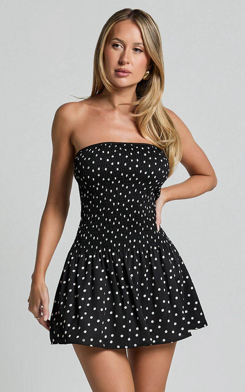 Showpo Hera Mini Dress - Drop Waist Ruched Fit And Flare Mini Dress Black Polka Dot | ABFDWT470