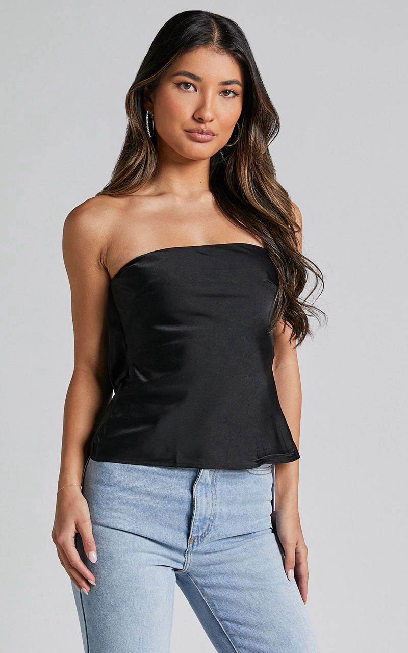 Showpo Hera Top - Strapless Straight Neck Cowl Back Top Black | XPKOVN137