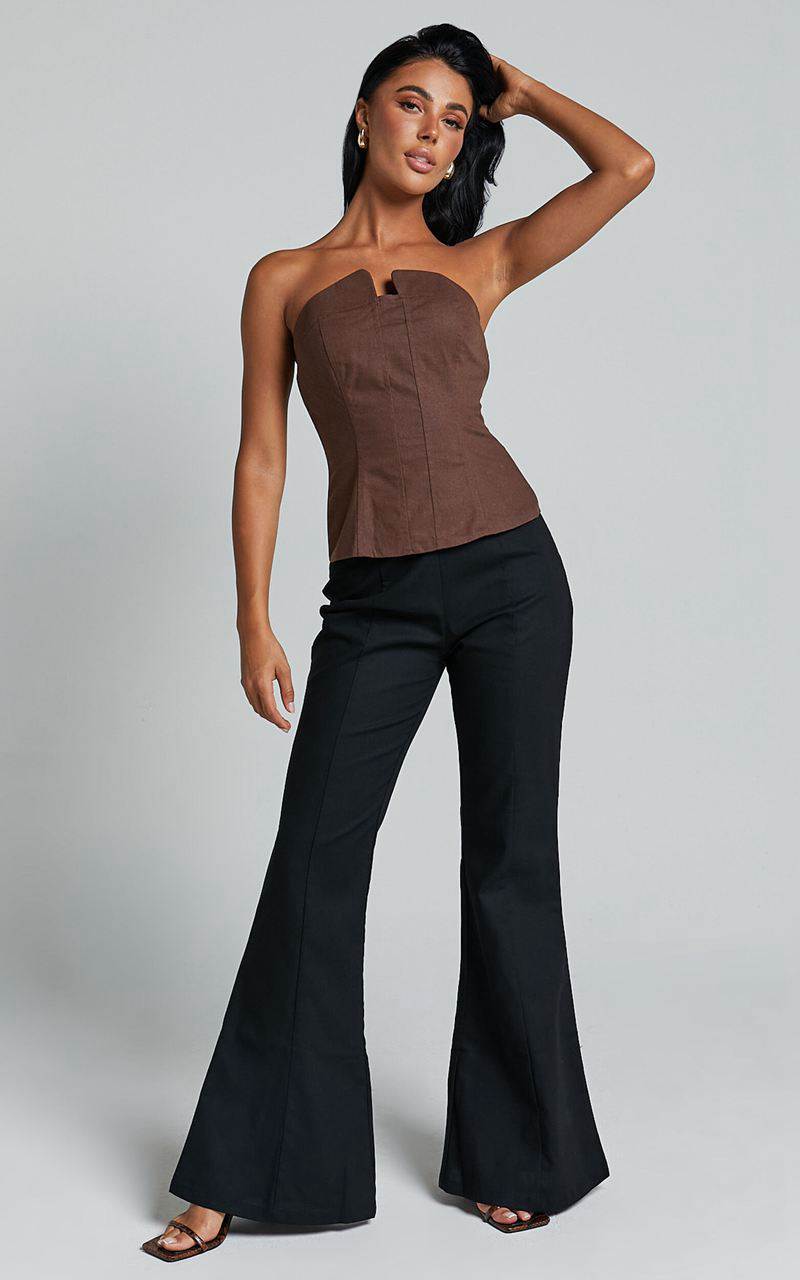 Showpo Herrera Top - Linen Look Strapless Panel Seam Corset Top Chocolate | TANULK517