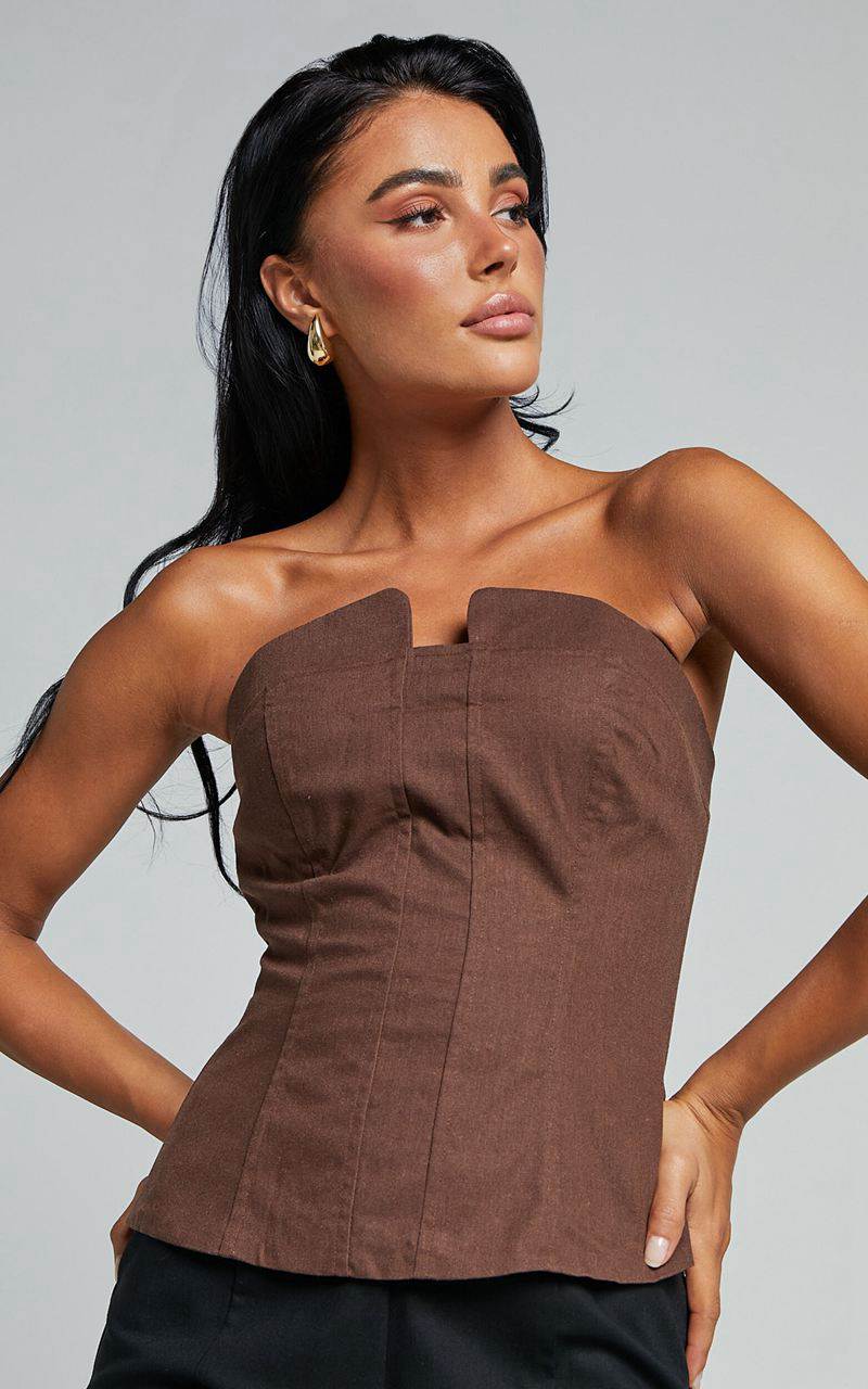 Showpo Herrera Top - Linen Look Strapless Panel Seam Corset Top Chocolate | TANULK517