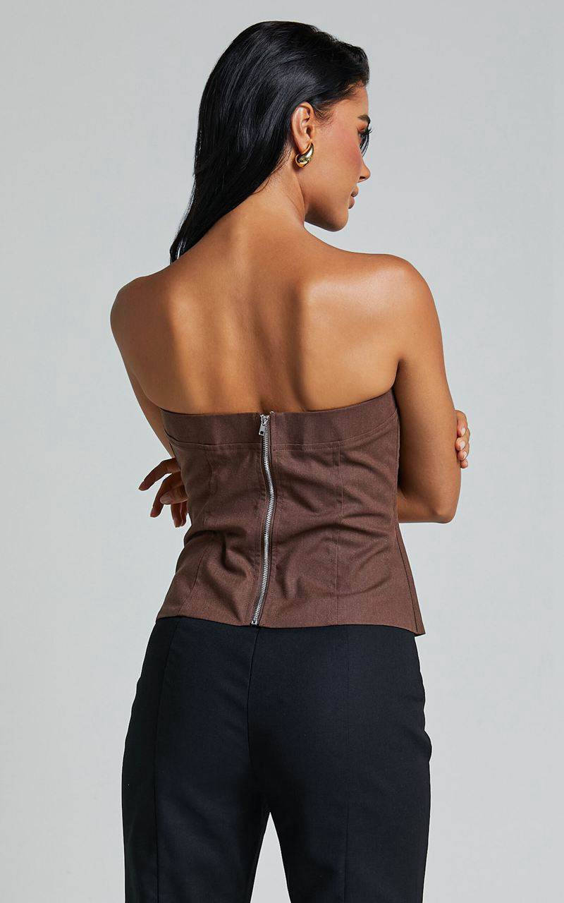 Showpo Herrera Top - Linen Look Strapless Panel Seam Corset Top Chocolate | TANULK517