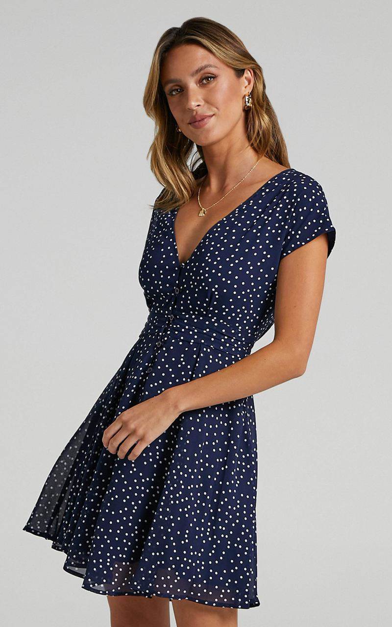 Showpo Hey Now Mini Dress - A Line Dress Navy Spot | URCAOF302