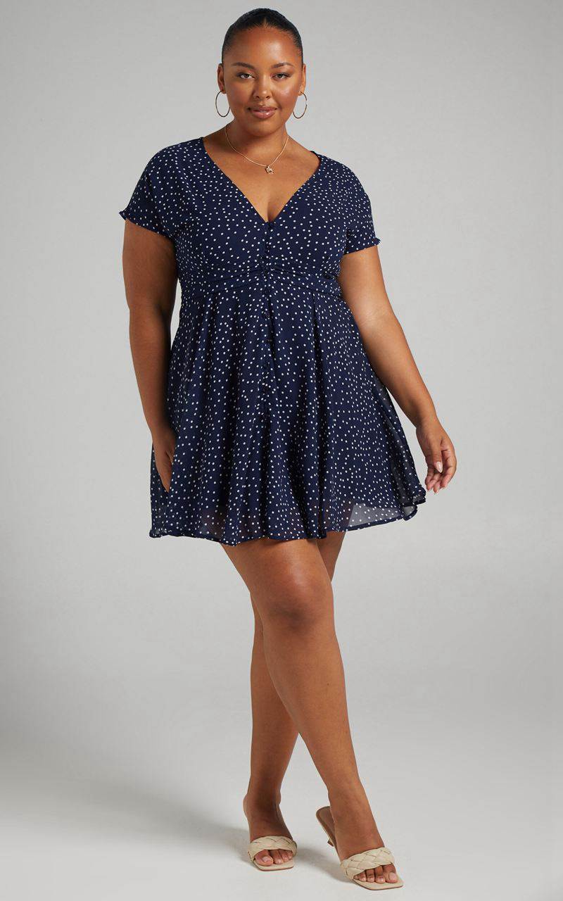 Showpo Hey Now Mini Dress - A Line Dress Navy Spot | URCAOF302