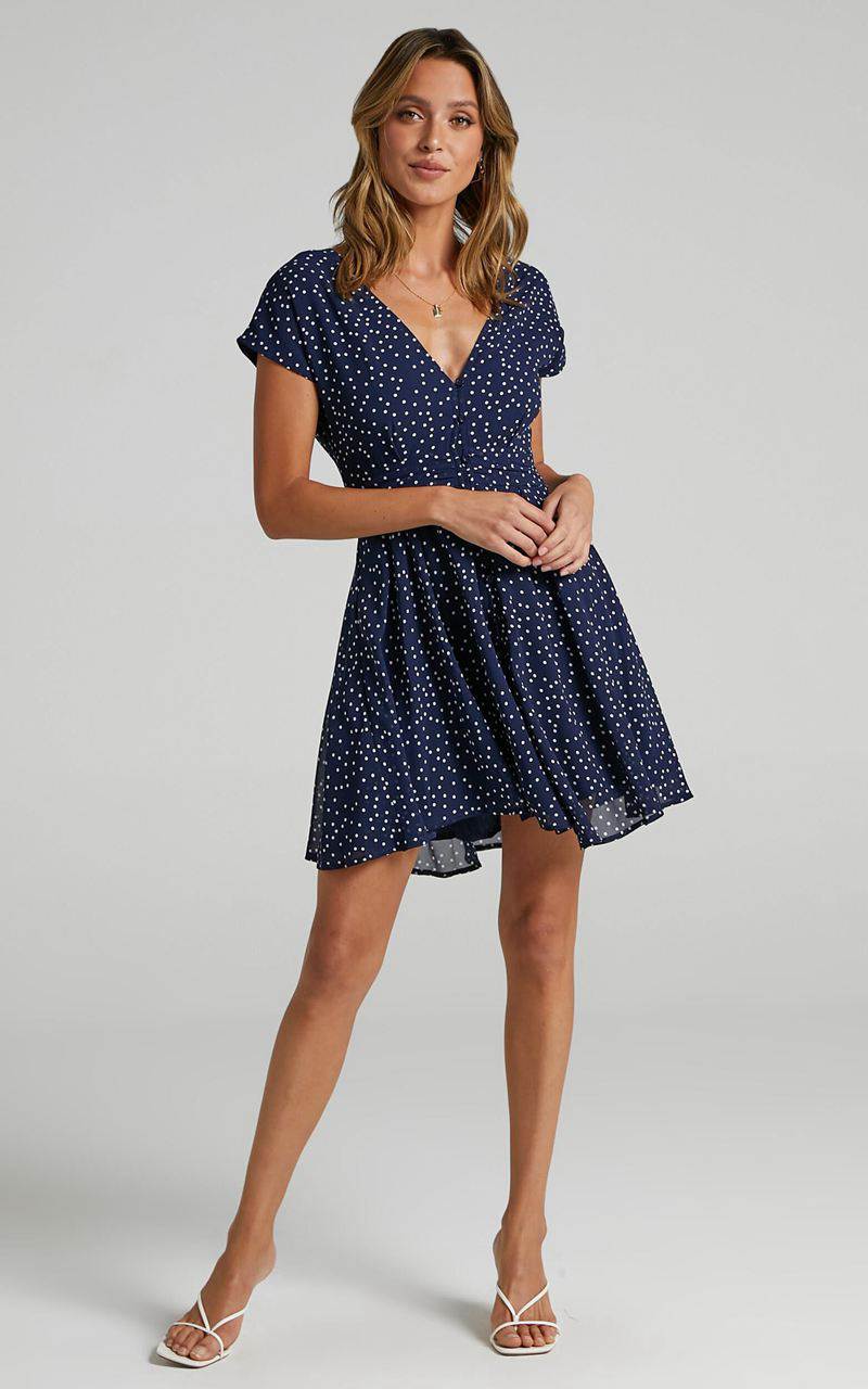 Showpo Hey Now Mini Dress - A Line Dress Navy Spot | URCAOF302