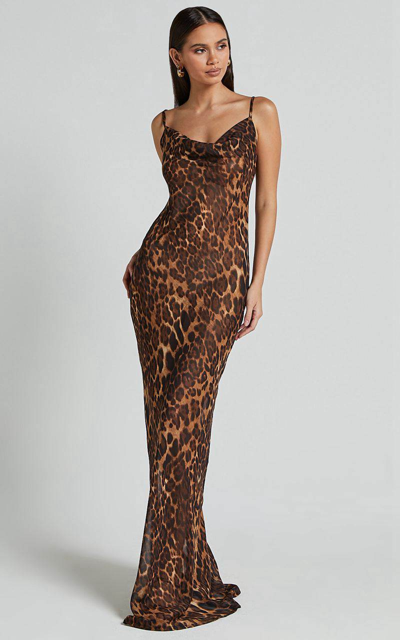 Showpo Hilary Maxi Dress - Sheer Cowl Neck Slip Dress Leopard | FDZLSH064