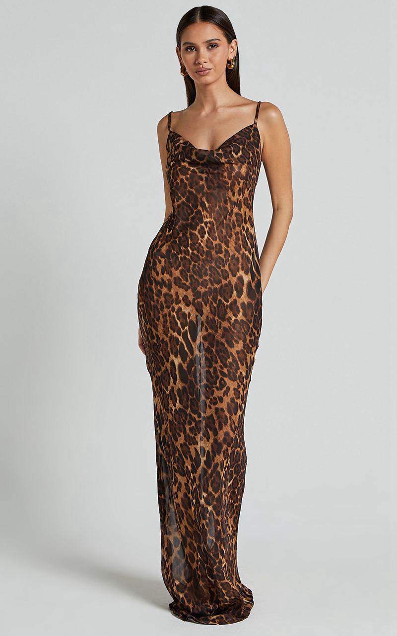 Showpo Hilary Maxi Dress - Sheer Cowl Neck Slip Dress Leopard | FDZLSH064