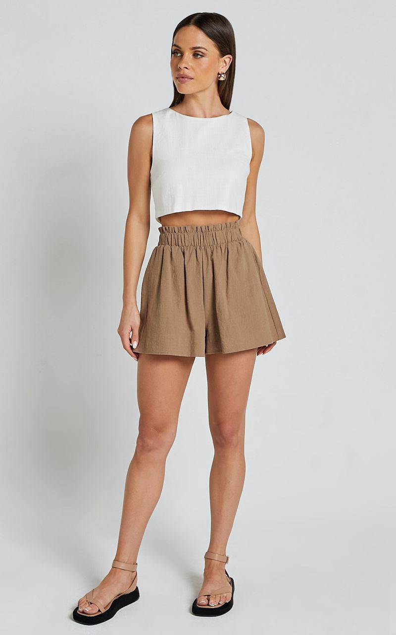 Showpo Hiromi Shorts - High Waisted Linen Look A-Line Shorts Biscuit | ZJGXHR568