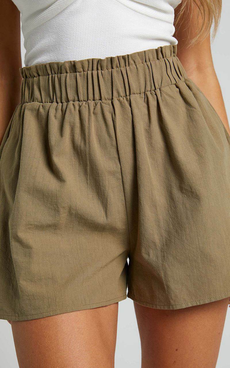 Showpo Hiromi Shorts - High Waisted Linen Look A-Line Shorts Khaki | JWOKZY154