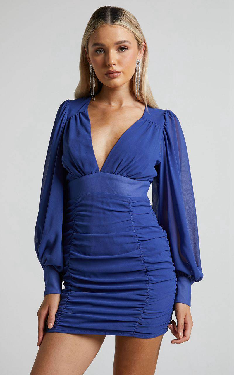 Showpo Hollis Mini Dress - Ruched Long Sleeve Plunge Neck Dress Cobalt | RFMZCS912