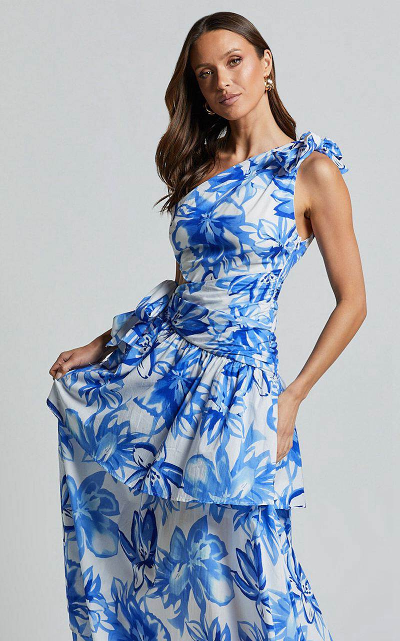 Showpo Honolulu Midi Dress - One Shoulder Tiered Dress Blue And White Print | OTUCDG901