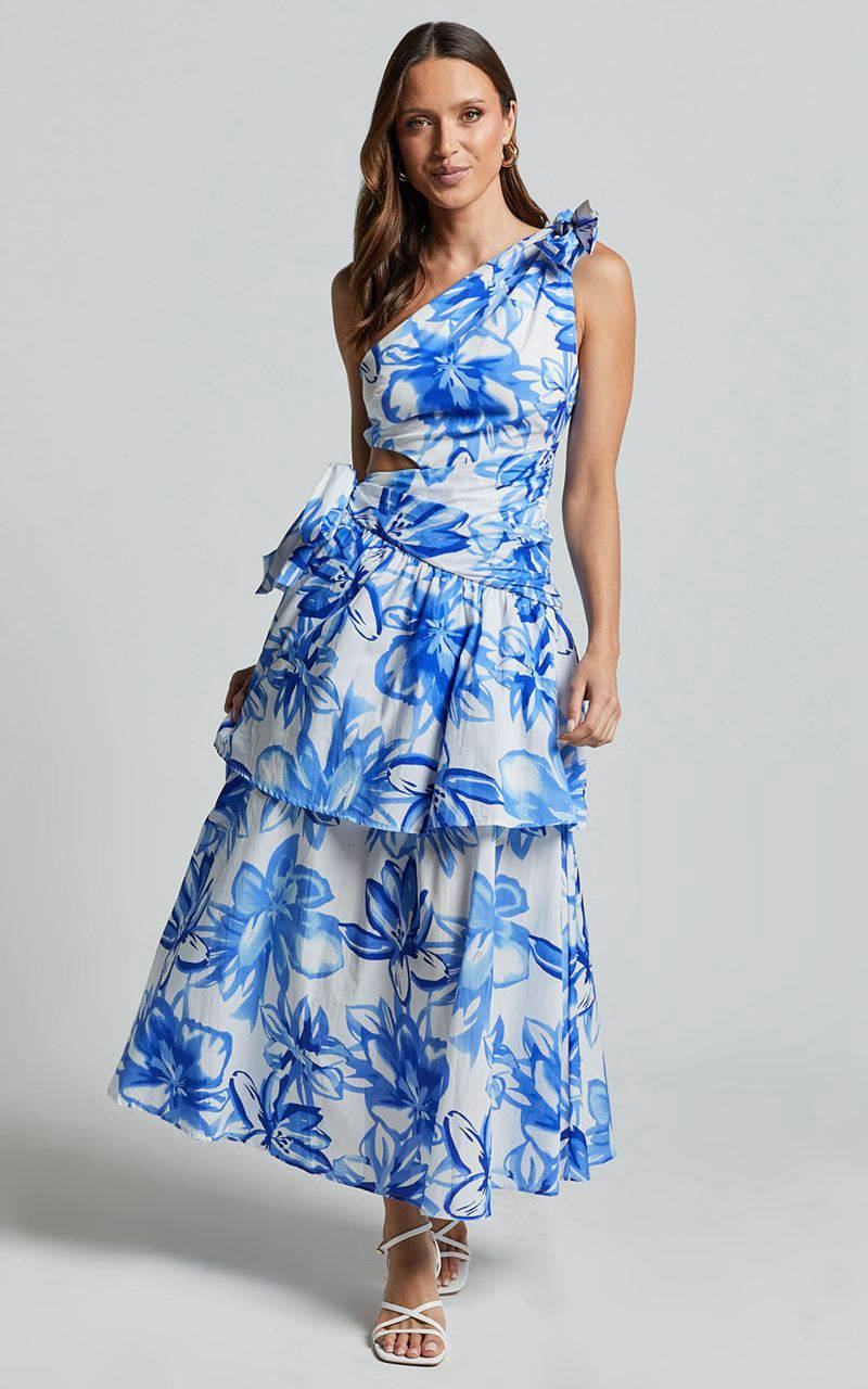 Showpo Honolulu Midi Dress - One Shoulder Tiered Dress Blue And White Print | OTUCDG901