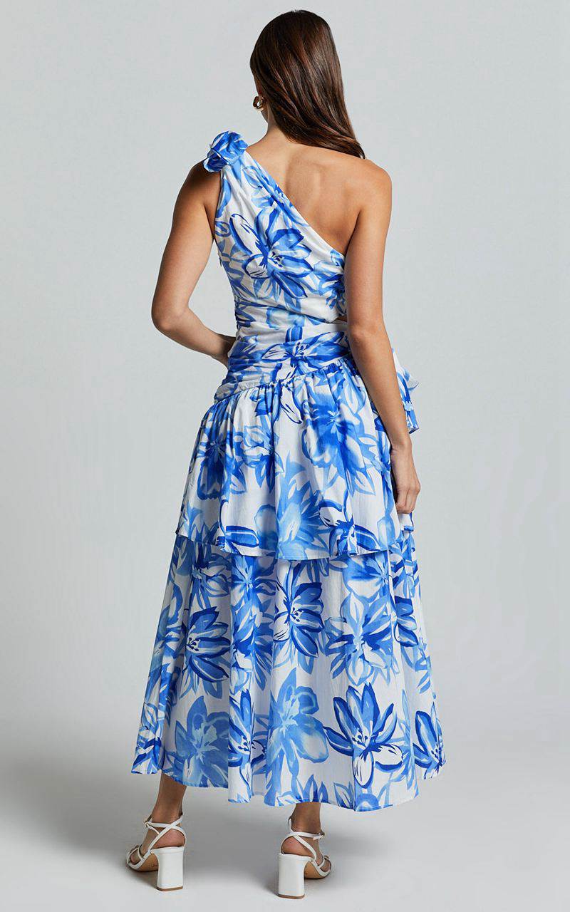 Showpo Honolulu Midi Dress - One Shoulder Tiered Dress Blue And White Print | OTUCDG901