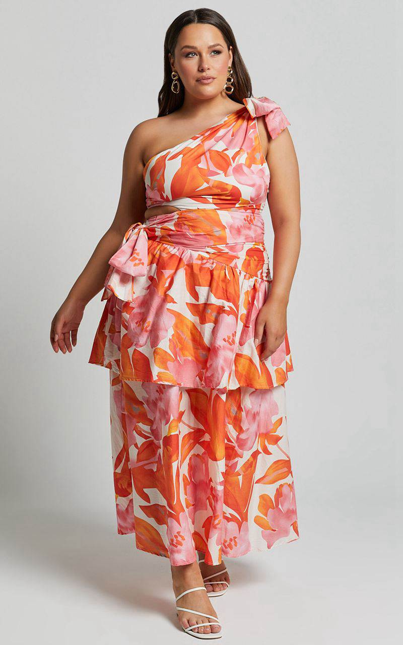 Showpo Honolulu Midi Dress - One Shoulder Tiered Dress Orange Floral | IFNDGO254