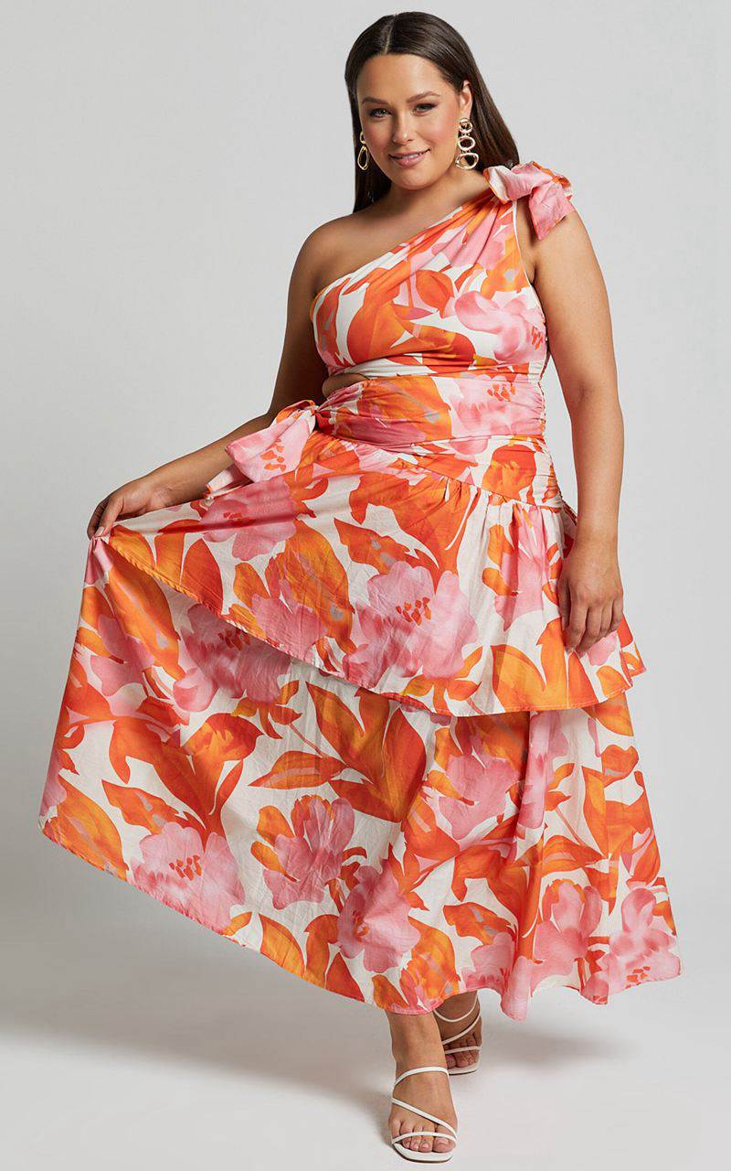 Showpo Honolulu Midi Dress - One Shoulder Tiered Dress Orange Floral | IFNDGO254