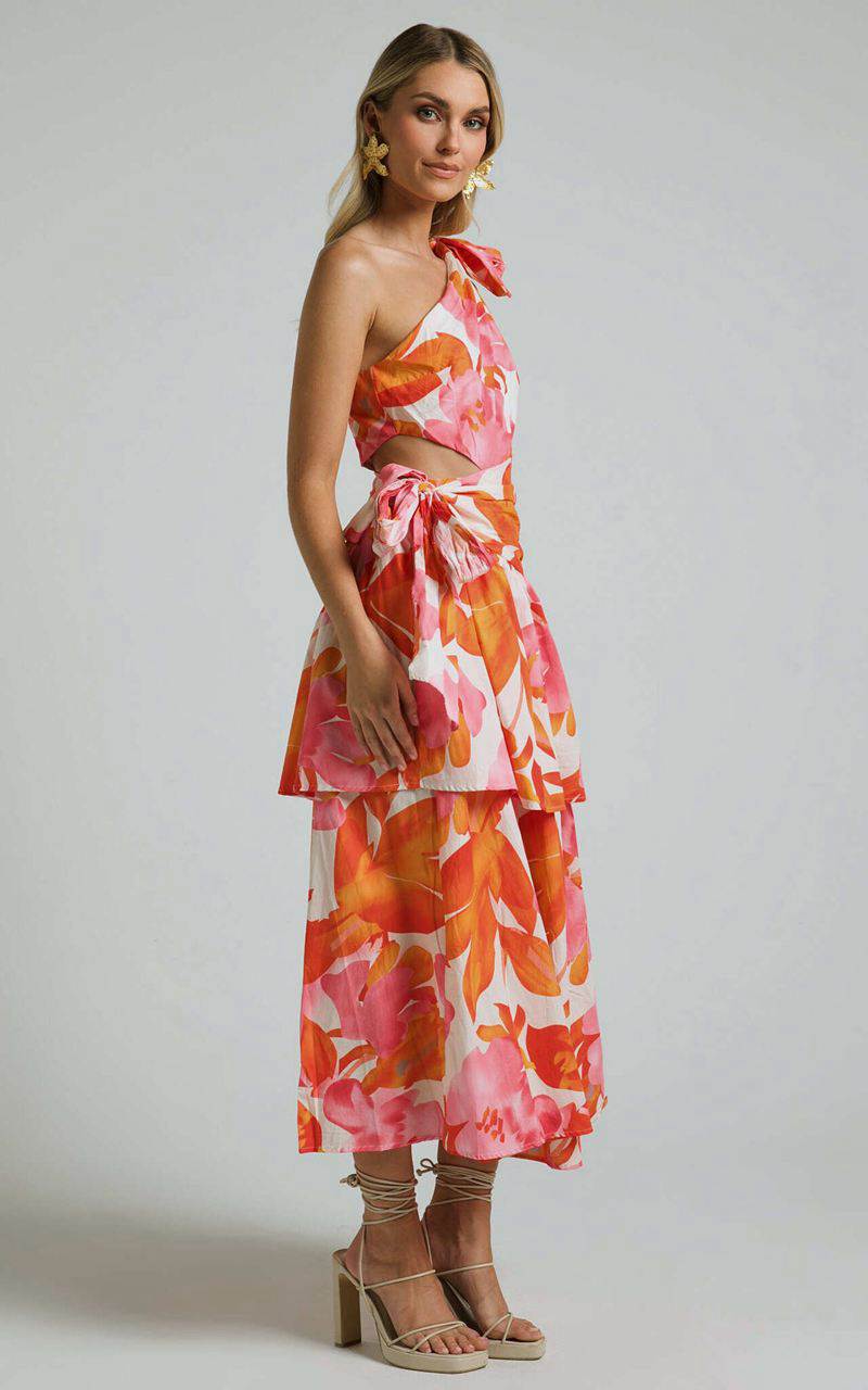 Showpo Honolulu Midi Dress - One Shoulder Tiered Dress Orange Floral | IFNDGO254