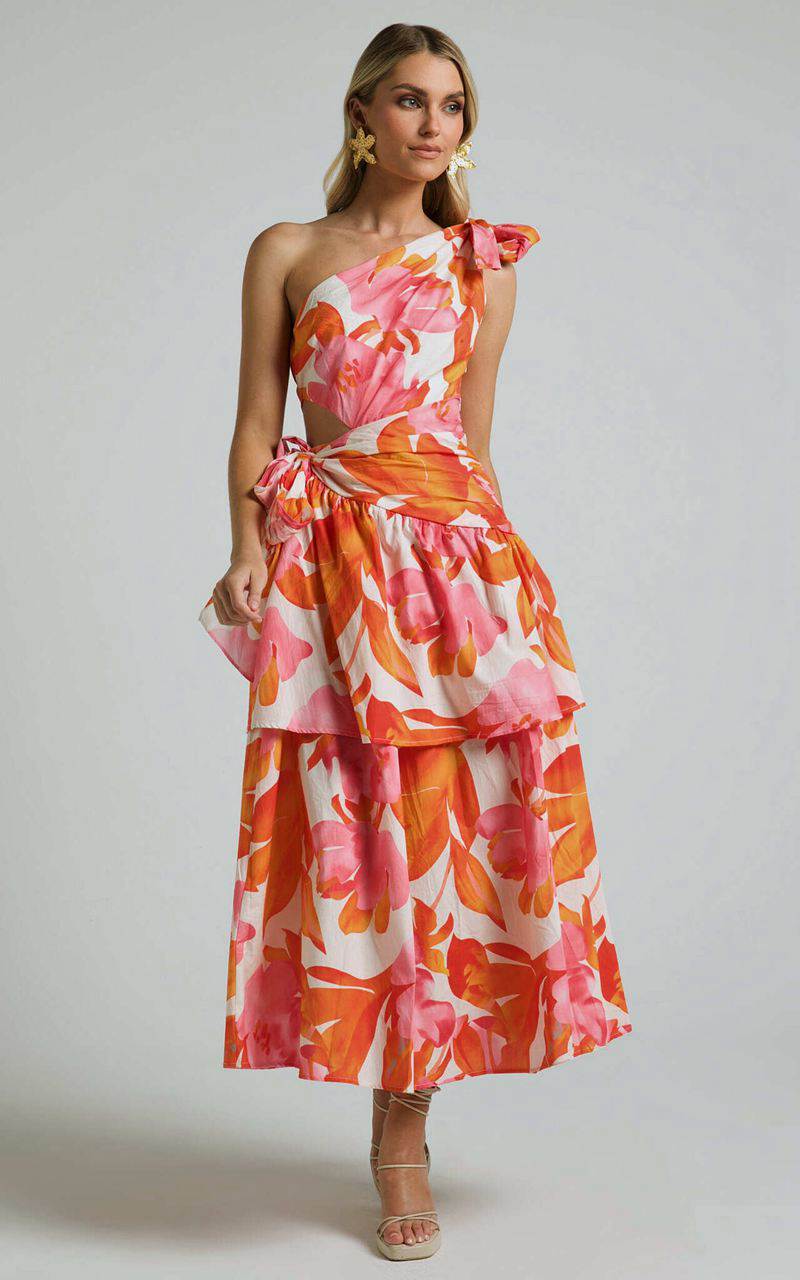 Showpo Honolulu Midi Dress - One Shoulder Tiered Dress Orange Floral | IFNDGO254