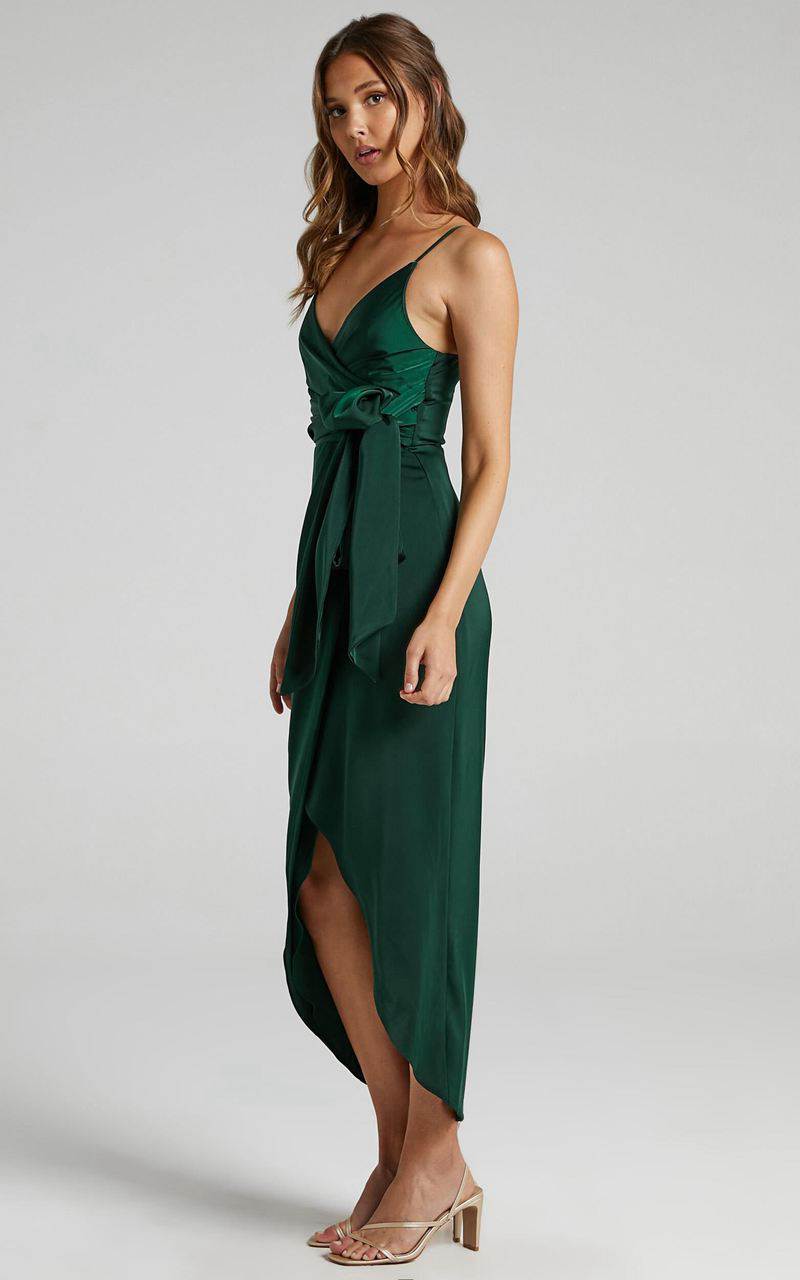 Showpo How Will I Know Midi Dress - Wrap Waist Tie Tulip Hem Dress Emerald | NJPWCR802