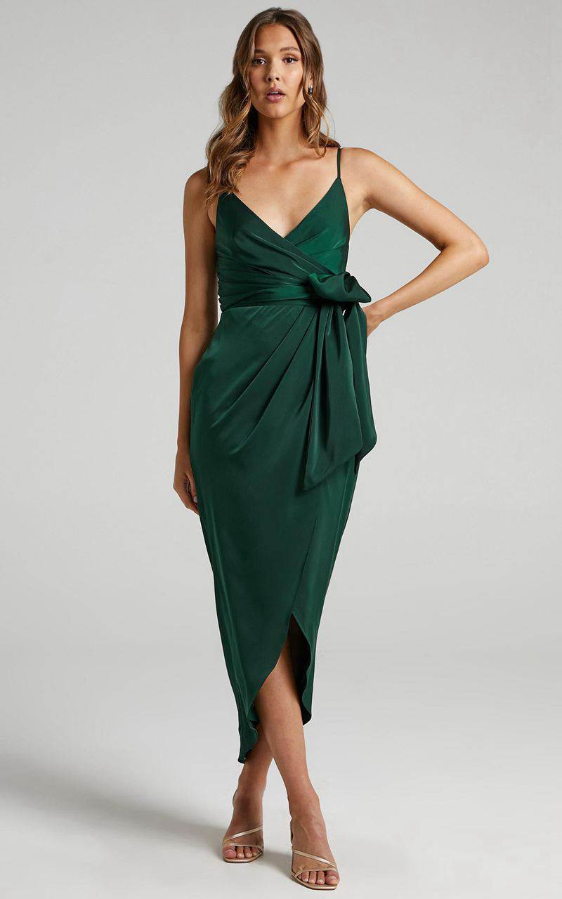 Showpo How Will I Know Midi Dress - Wrap Waist Tie Tulip Hem Dress Emerald | NJPWCR802