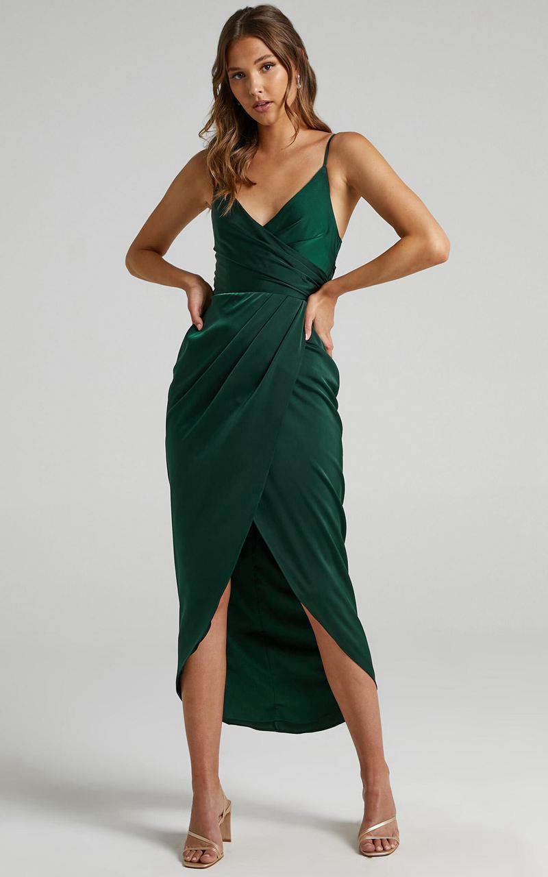 Showpo How Will I Know Midi Dress - Wrap Waist Tie Tulip Hem Dress Emerald | NJPWCR802