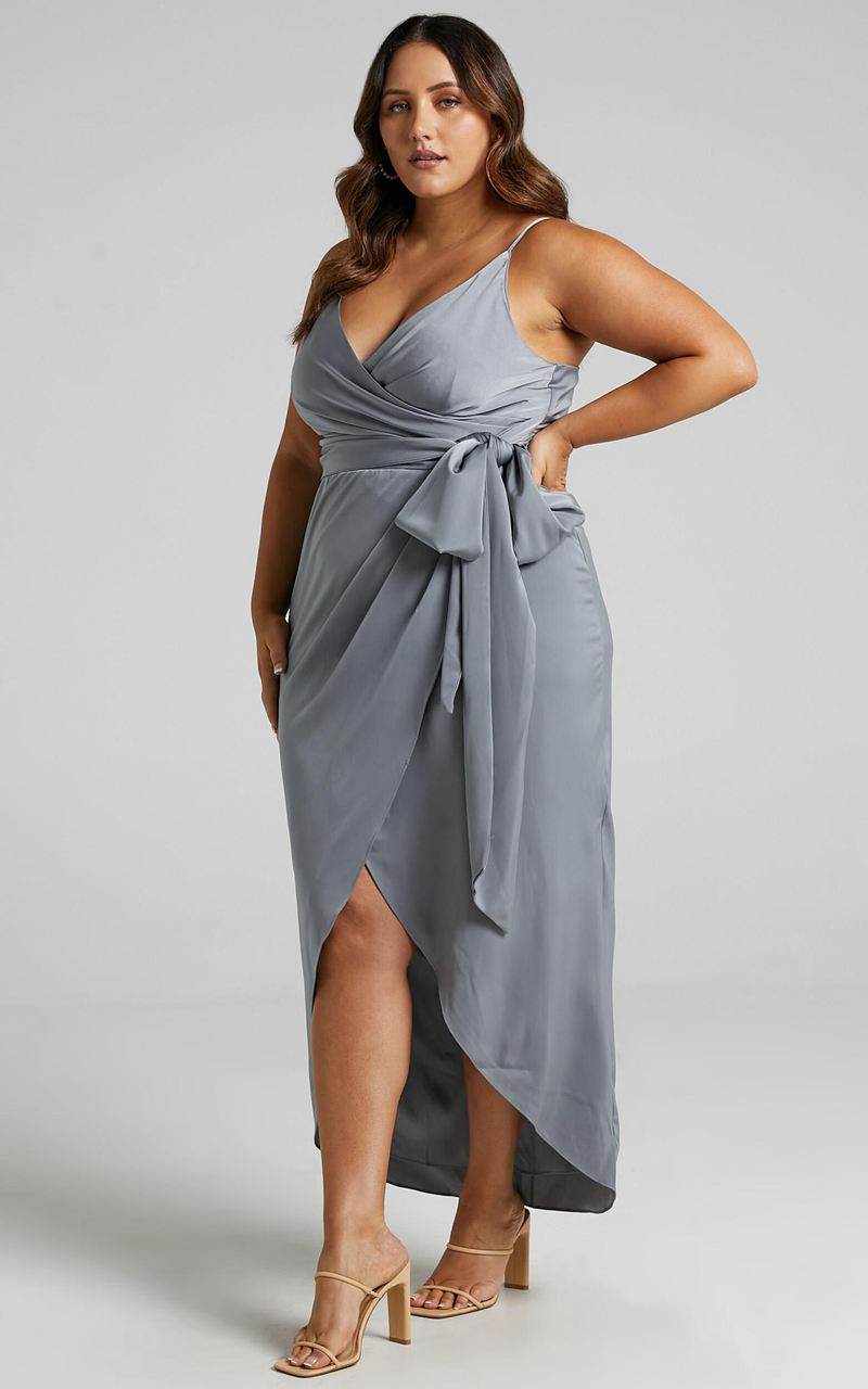 Showpo How Will I Know Midi Dress - Wrap Waist Tie Tulip Hem Dress Dusty Blue | DOAVIP052