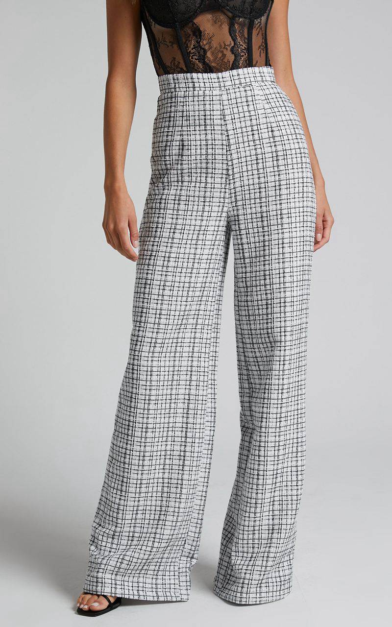 Showpo Icie Pants - High Waisted Tweed Wide Leg Pants White & Black | VMNFYK902