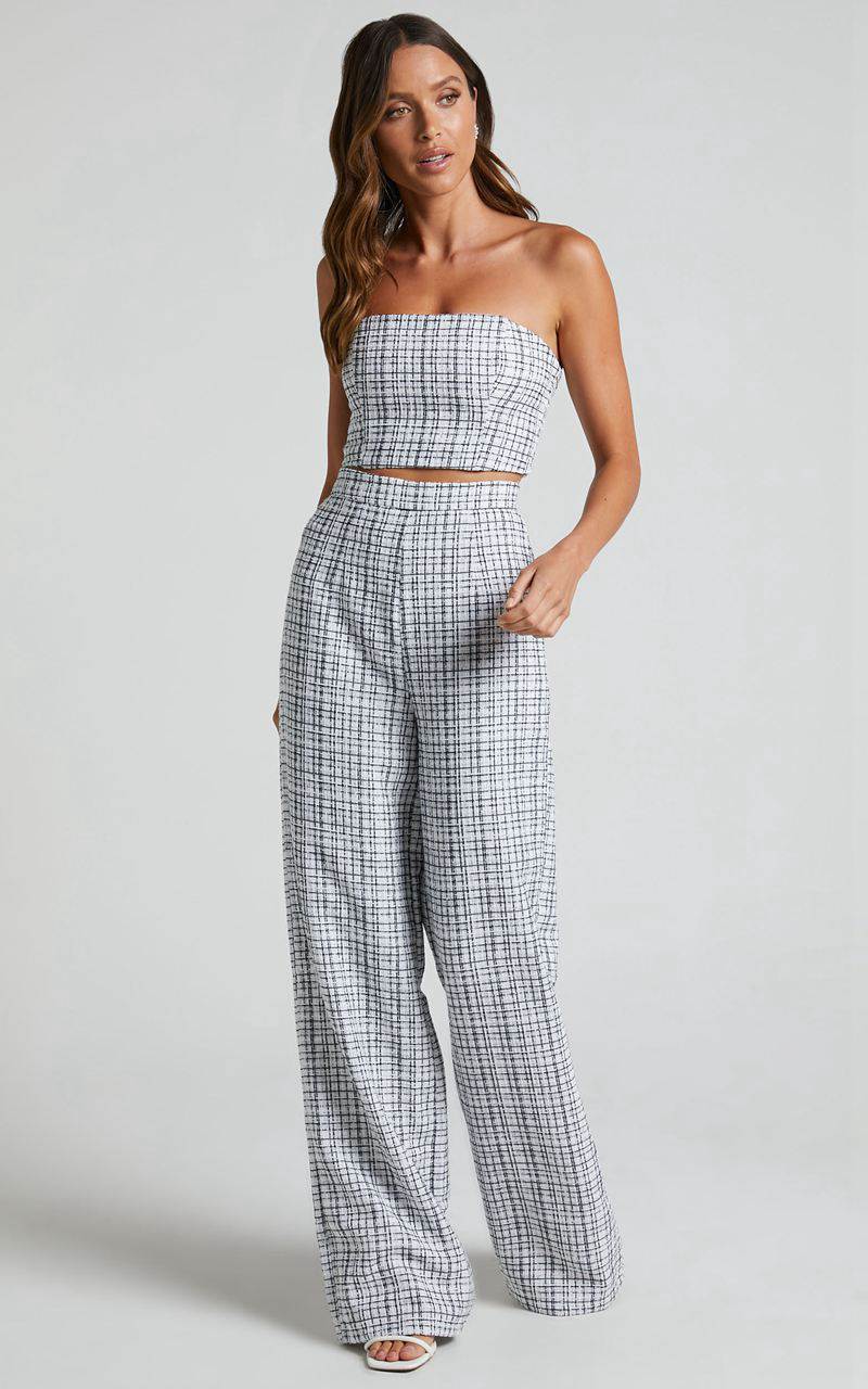 Showpo Icie Pants - High Waisted Tweed Wide Leg Pants White & Black | VMNFYK902