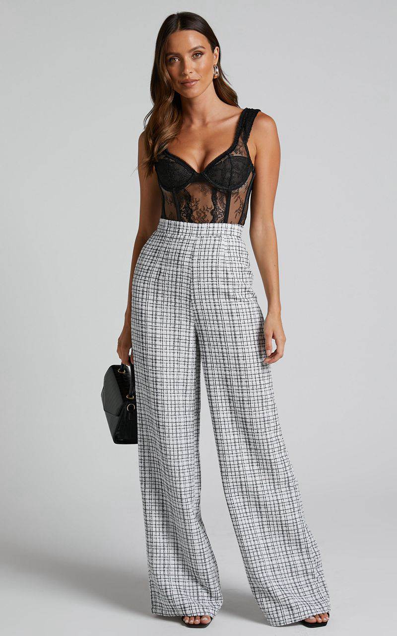 Showpo Icie Pants - High Waisted Tweed Wide Leg Pants White & Black | VMNFYK902