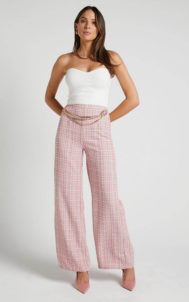 Showpo Icie Pants - High Waisted Tweed Wide Leg Pants Pink Tweed | JRBSNM861