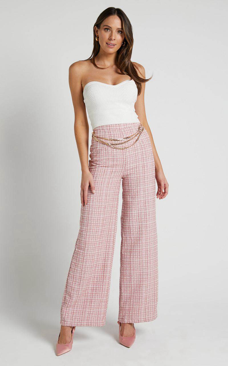 Showpo Icie Pants - High Waisted Tweed Wide Leg Pants Pink Tweed | JRBSNM861