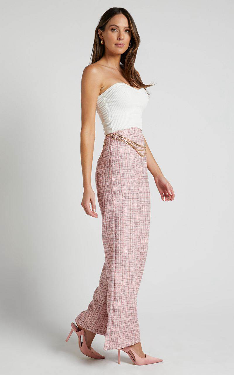 Showpo Icie Pants - High Waisted Tweed Wide Leg Pants Pink Tweed | JRBSNM861