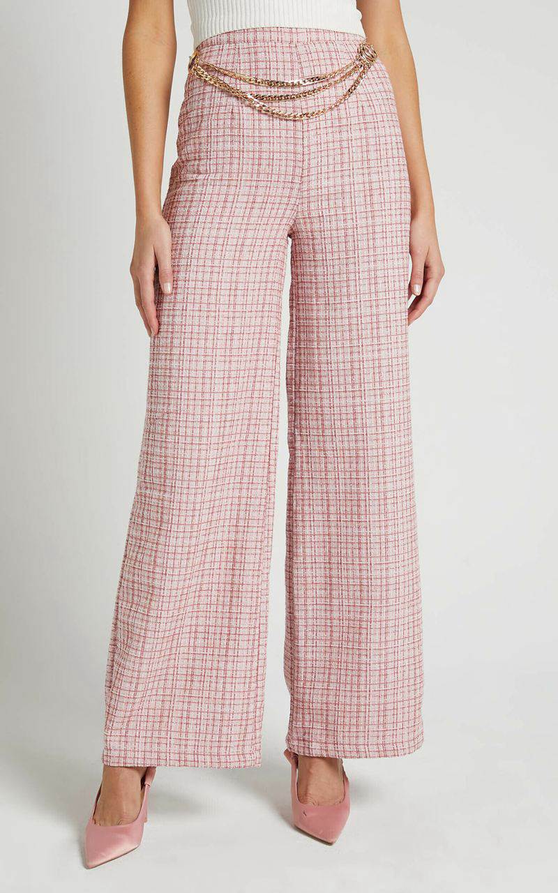 Showpo Icie Pants - High Waisted Tweed Wide Leg Pants Pink Tweed | JRBSNM861