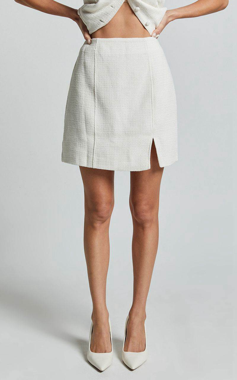 Showpo Iggy Mini Skirt - High Waist Split Boucle Skirt Cream | YIQPMH021