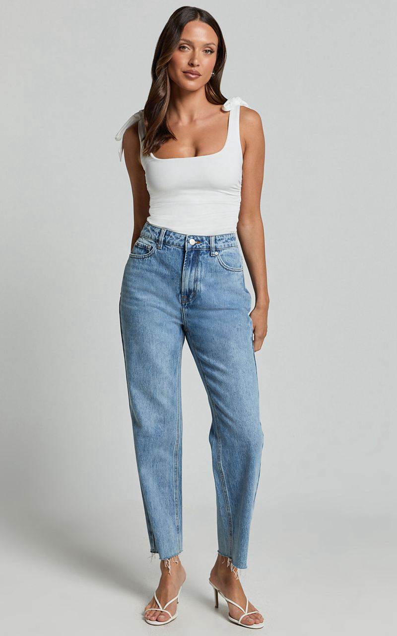 Showpo Imelda Jeans - Mid Waist Frayed Hem Recycled Denim Crop Straight Leg Jeans Mid Blue Wash | MUYHZA721