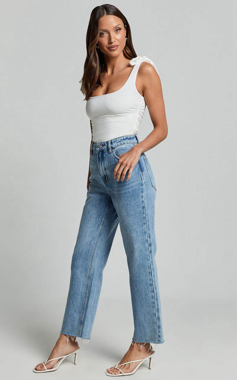 Showpo Imelda Jeans - Mid Waist Frayed Hem Recycled Denim Crop Straight Leg Jeans Mid Blue Wash | MUYHZA721