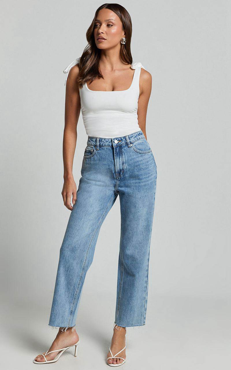 Showpo Imelda Jeans - Mid Waist Frayed Hem Recycled Denim Crop Straight Leg Jeans Mid Blue Wash | MUYHZA721