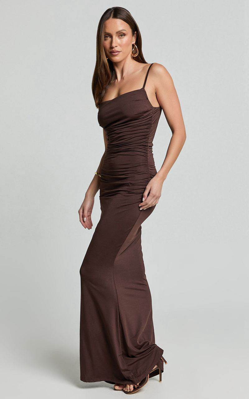 Showpo Imogen Maxi Dress - Strappy Ruched Slip Dress Chocolate | YBCGRS829