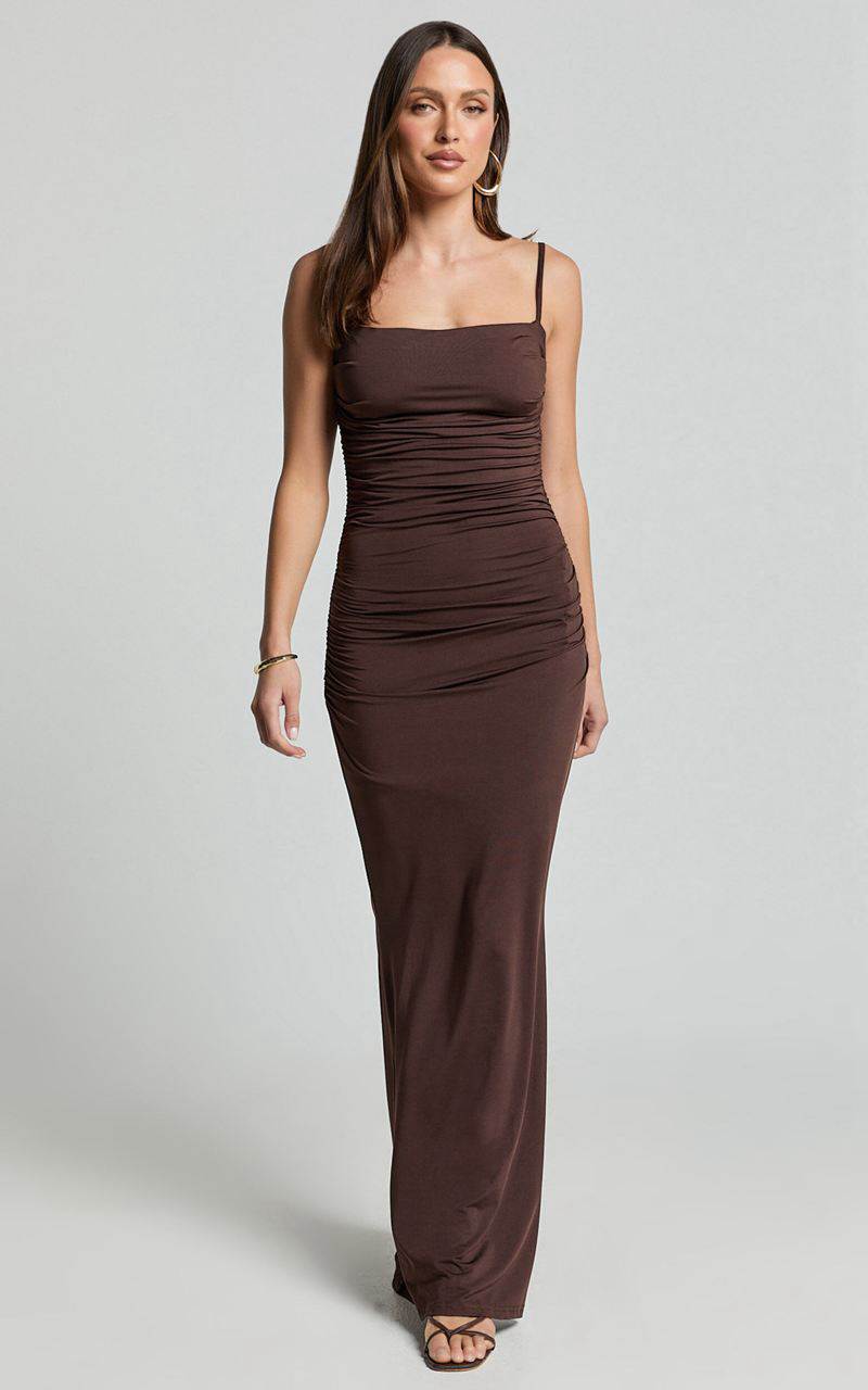 Showpo Imogen Maxi Dress - Strappy Ruched Slip Dress Chocolate | YBCGRS829