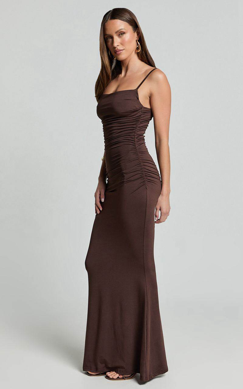 Showpo Imogen Maxi Dress - Strappy Ruched Slip Dress Chocolate | YBCGRS829