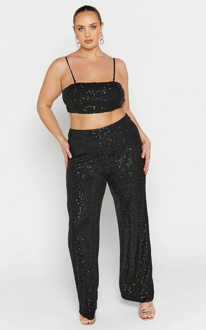 Showpo Imogen Two Piece Set - Bandeau Top And Straight Pants Set Black Sequin | SHTMJU728