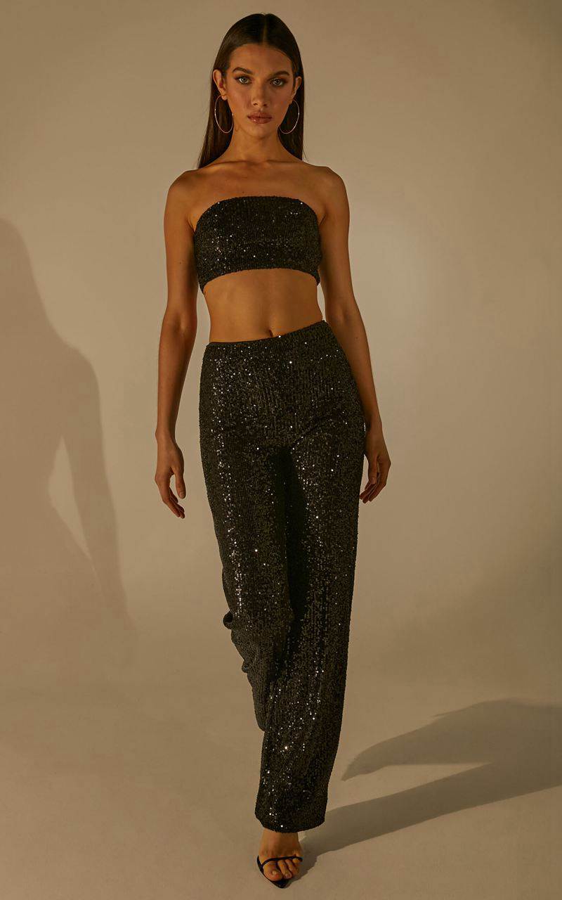 Showpo Imogen Two Piece Set - Bandeau Top And Straight Pants Set Black Sequin | SHTMJU728