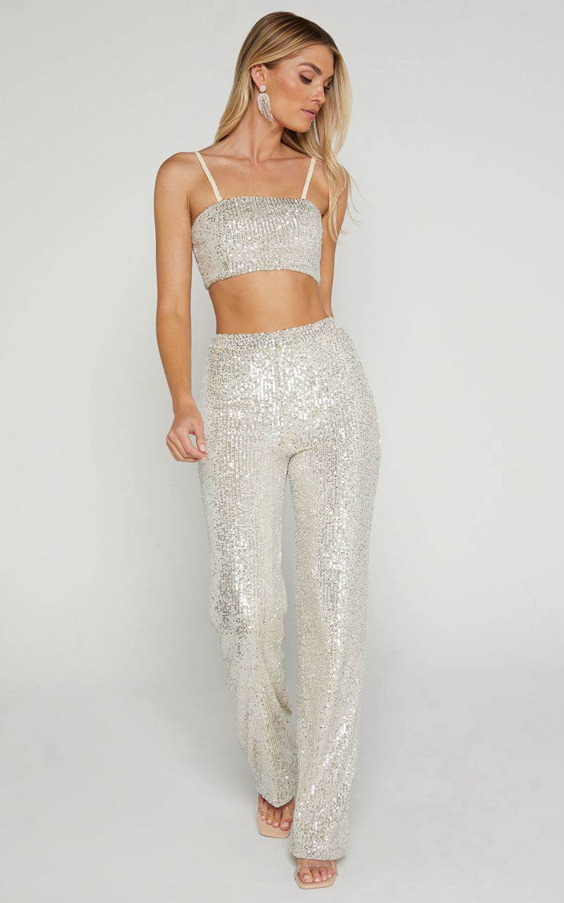 Showpo Imogen Two Piece Set - Bandeau Top And Straight Pants Set Silver Sequin | SBLCNI467