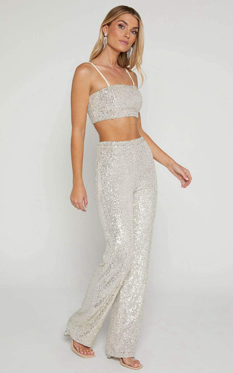 Showpo Imogen Two Piece Set - Bandeau Top And Straight Pants Set Silver Sequin | SBLCNI467