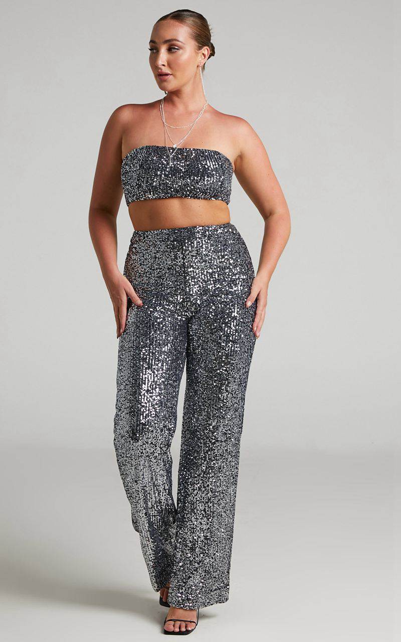 Showpo Imogen Two Piece Set - Bandeau Top And Straight Pants Set Gunmetal | OEIWTD182