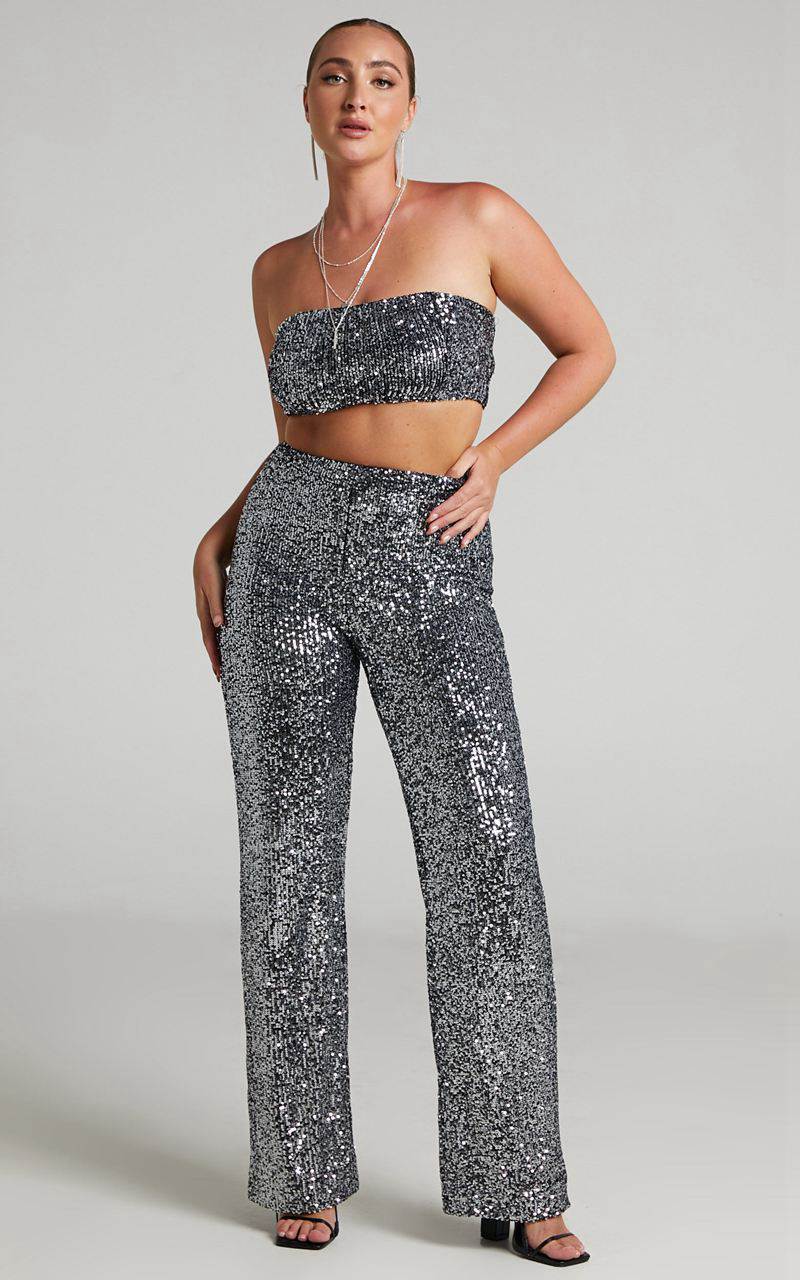 Showpo Imogen Two Piece Set - Bandeau Top And Straight Pants Set Gunmetal | OEIWTD182